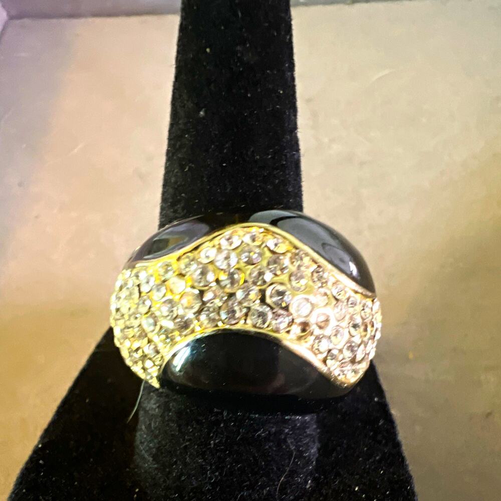 Silver Tone Dome Cocktail Ring Pavé Set Clear White Crystal Rhinestones